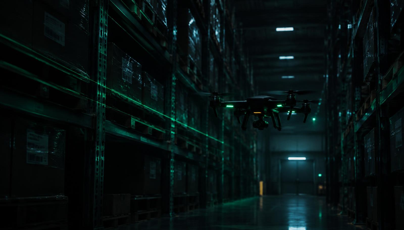 VaultAir drone patrolling a warehouse aisle